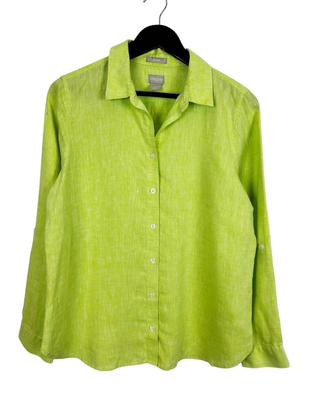 Chico's Vibrant Lime Green Linen Button-Down Shirt Size 1 / Medium 100% Linen